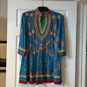 Boho style Teal Paisley Women's Tunic with Multicolor mirror Trim